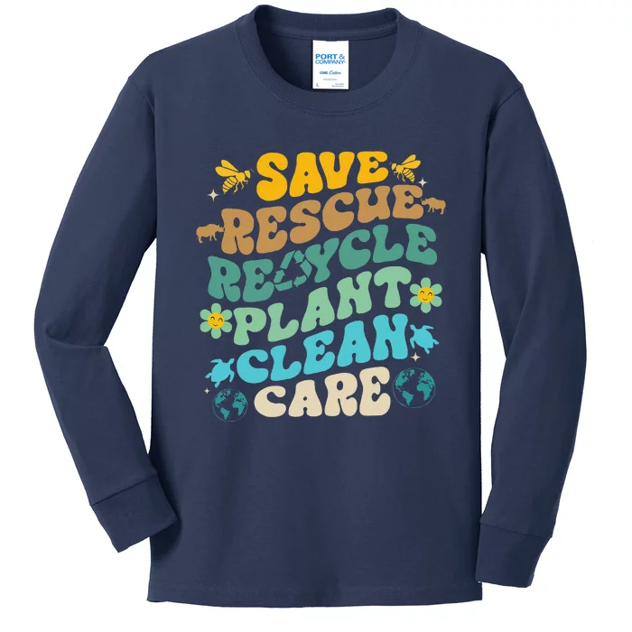 Retro Groovy Save Bees Rescue Animals Recycle Fun Earth Day Kids Long Sleeve Shirt