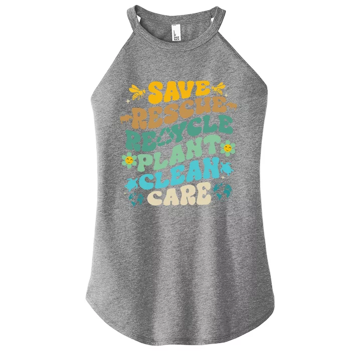 Retro Groovy Save Bees Rescue Animals Recycle Fun Earth Day Women’s Perfect Tri Rocker Tank