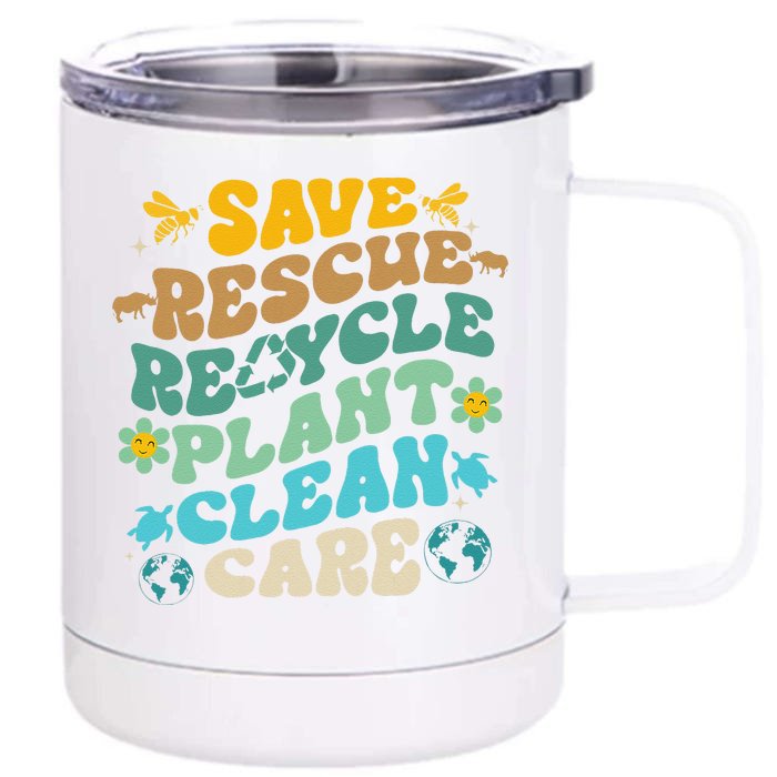 Retro Groovy Save Bees Rescue Animals Recycle Fun Earth Day Front & Back 12oz Stainless Steel Tumbler Cup