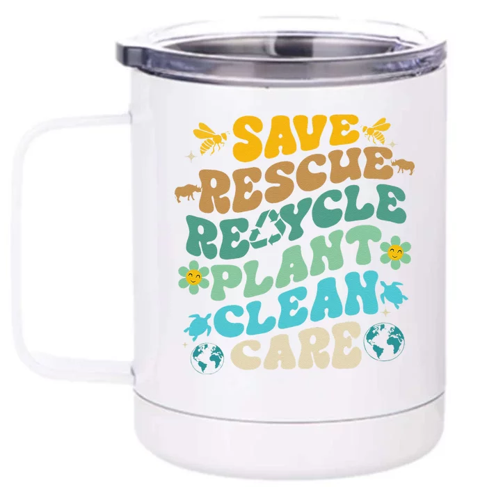 Retro Groovy Save Bees Rescue Animals Recycle Fun Earth Day Front & Back 12oz Stainless Steel Tumbler Cup