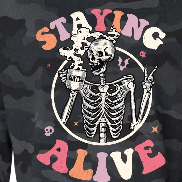 Retro Groovy Skeleton Staying Alive Coffee Halloween Hippie Cropped Pullover Crew