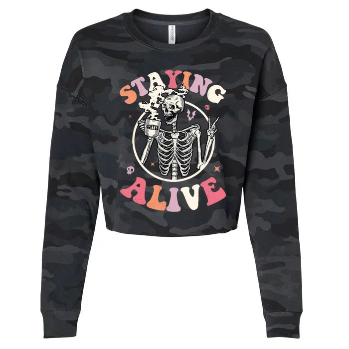 Retro Groovy Skeleton Staying Alive Coffee Halloween Hippie Cropped Pullover Crew