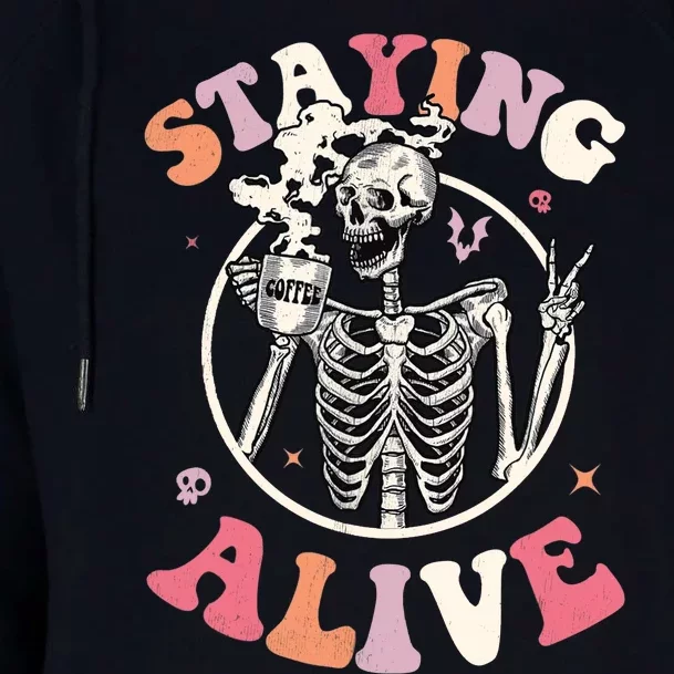 Retro Groovy Skeleton Staying Alive Coffee Halloween Hippie Womens Funnel Neck Pullover Hood