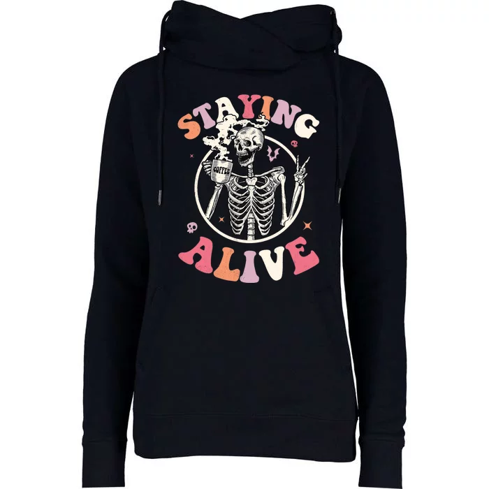 Retro Groovy Skeleton Staying Alive Coffee Halloween Hippie Womens Funnel Neck Pullover Hood