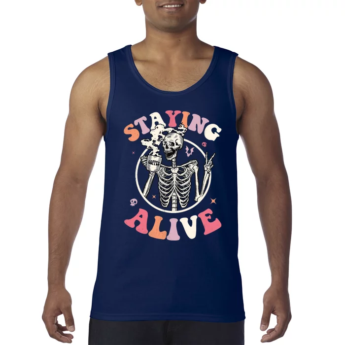 Retro Groovy Skeleton Staying Alive Coffee Halloween Hippie Tank Top