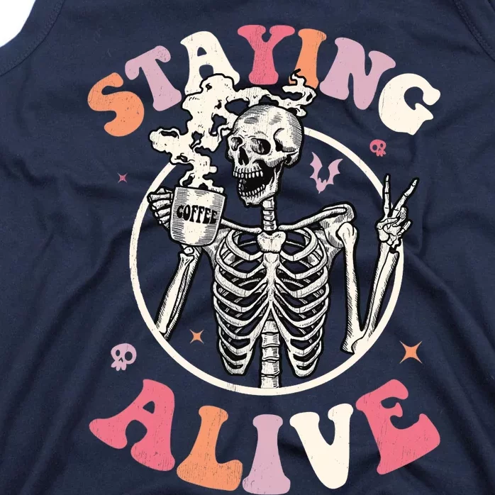 Retro Groovy Skeleton Staying Alive Coffee Halloween Hippie Tank Top