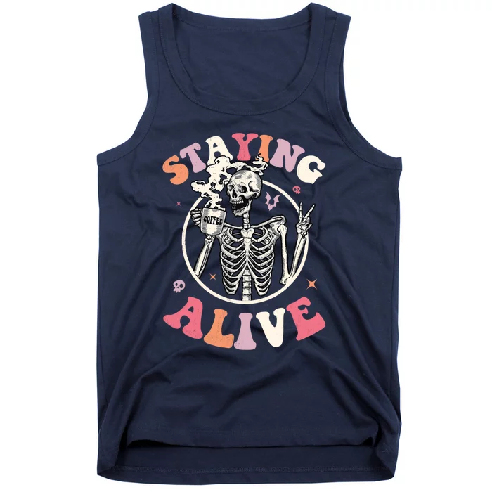 Retro Groovy Skeleton Staying Alive Coffee Halloween Hippie Tank Top