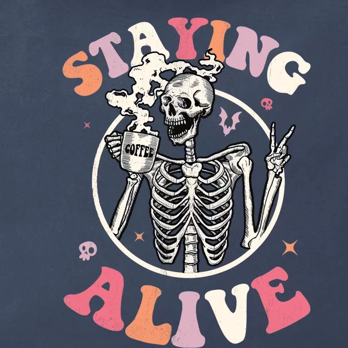 Retro Groovy Skeleton Staying Alive Coffee Halloween Hippie Zip Tote Bag