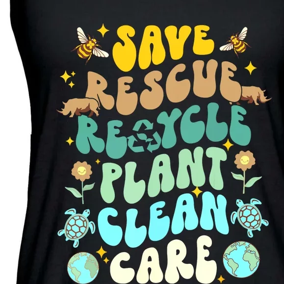 Retro Groovy Save Bees Rescue Animals Recycle Fun Earth Day Ladies Essential Flowy Tank