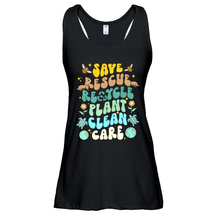 Retro Groovy Save Bees Rescue Animals Recycle Fun Earth Day Ladies Essential Flowy Tank