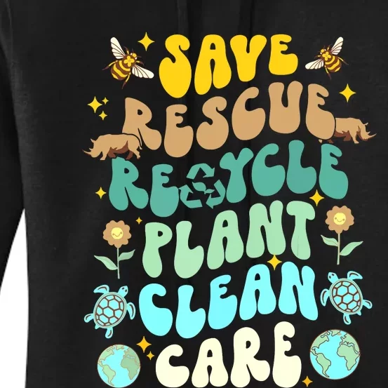 Retro Groovy Save Bees Rescue Animals Recycle Fun Earth Day Women's Pullover Hoodie