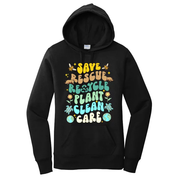 Retro Groovy Save Bees Rescue Animals Recycle Fun Earth Day Women's Pullover Hoodie