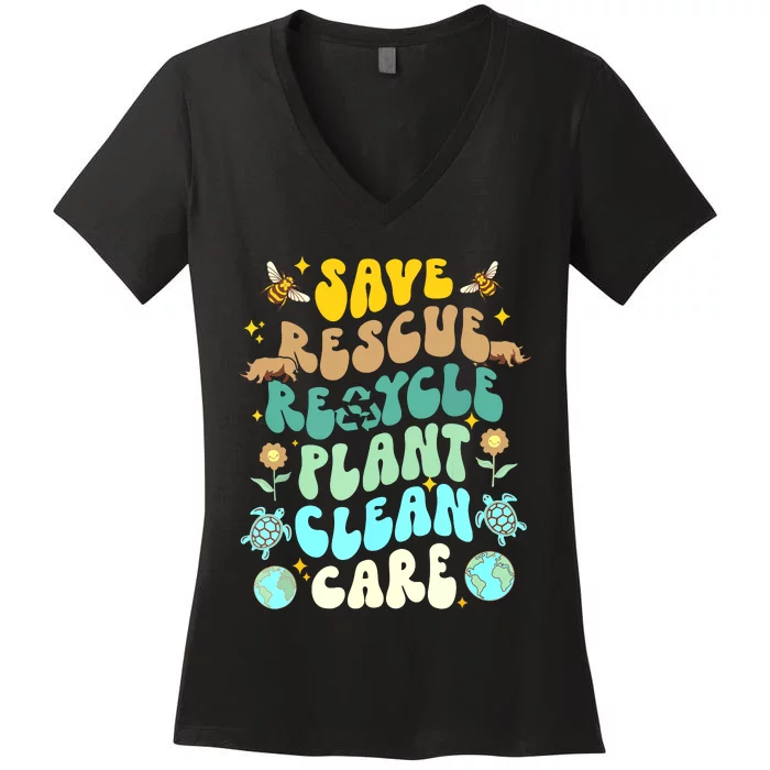 Retro Groovy Save Bees Rescue Animals Recycle Fun Earth Day Women's V-Neck T-Shirt