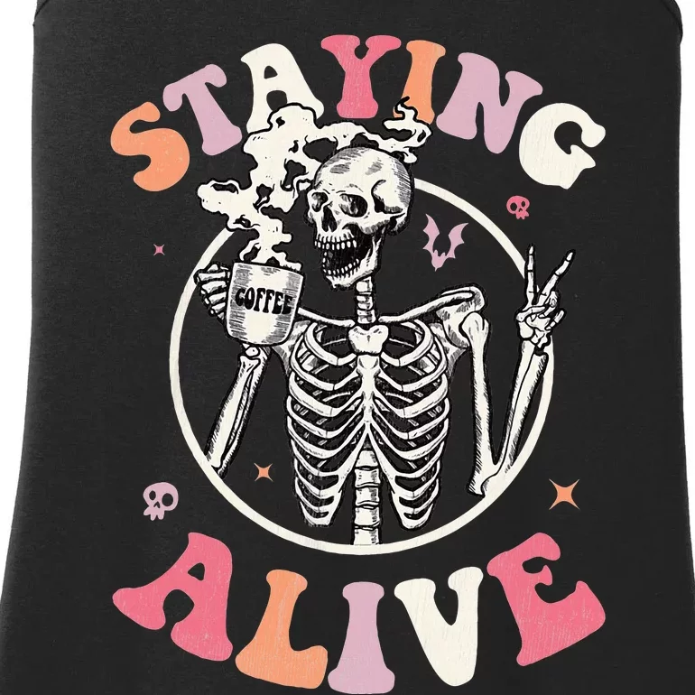 Retro Groovy Skeleton Staying Alive Coffee Halloween Hippie Ladies Essential Tank