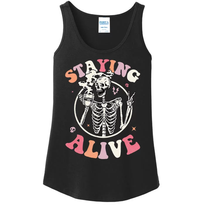 Retro Groovy Skeleton Staying Alive Coffee Halloween Hippie Ladies Essential Tank