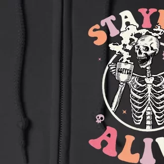 Retro Groovy Skeleton Staying Alive Coffee Halloween Hippie Full Zip Hoodie