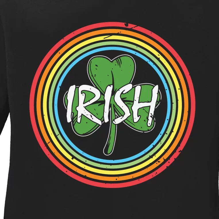 Rainbow Green Shamrock Irish Patricks Day Ladies Long Sleeve Shirt