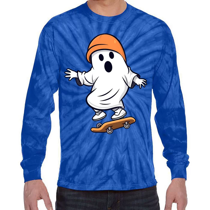 Retro Ghost Skateboard Skateboarding Halloween Spooky Season Great Gift Tie-Dye Long Sleeve Shirt