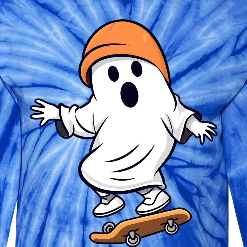 Retro Ghost Skateboard Skateboarding Halloween Spooky Season Great Gift Tie-Dye Long Sleeve Shirt