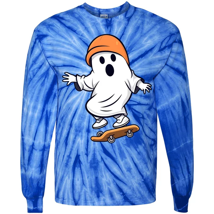 Retro Ghost Skateboard Skateboarding Halloween Spooky Season Great Gift Tie-Dye Long Sleeve Shirt