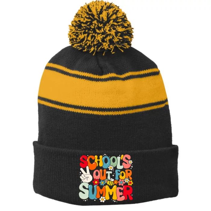 Retro Groovy School's Out For Summer Graduation Teacher Stripe Pom Pom Beanie