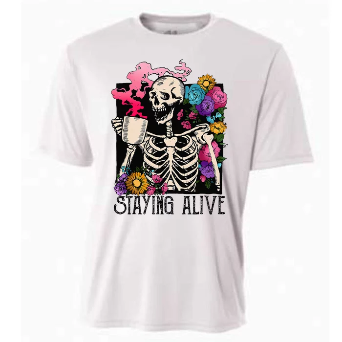 Retro Groovy Skeleton Staying Alive Coffee Halloween Hippie Cooling Performance Crew T-Shirt