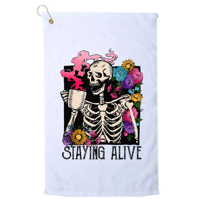 Retro Groovy Skeleton Staying Alive Coffee Halloween Hippie Platinum Collection Golf Towel