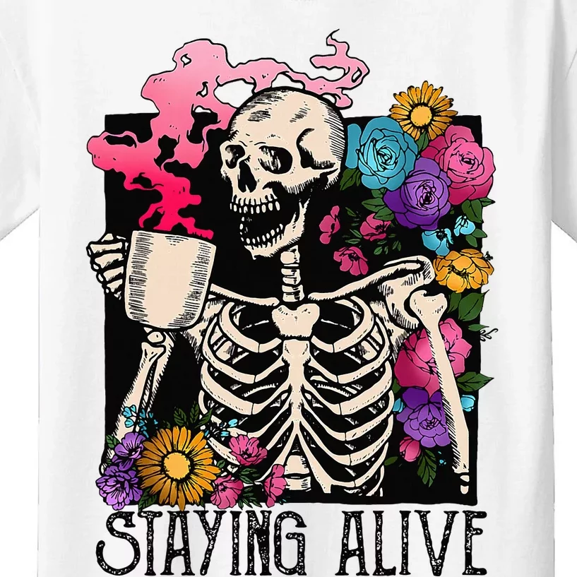 Retro Groovy Skeleton Staying Alive Coffee Halloween Hippie Kids T-Shirt