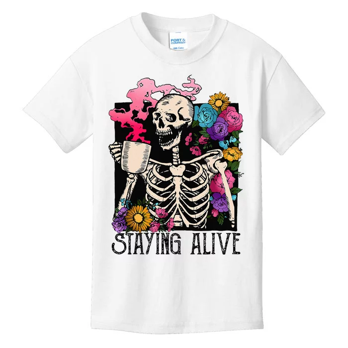 Retro Groovy Skeleton Staying Alive Coffee Halloween Hippie Kids T-Shirt