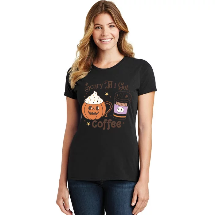 Retro Groovy Scary Til I Get Coffee Halloween Gift Women's T-Shirt