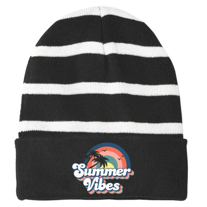 Retro Groovy Summer Vibes Summer Vacation Striped Beanie with Solid Band