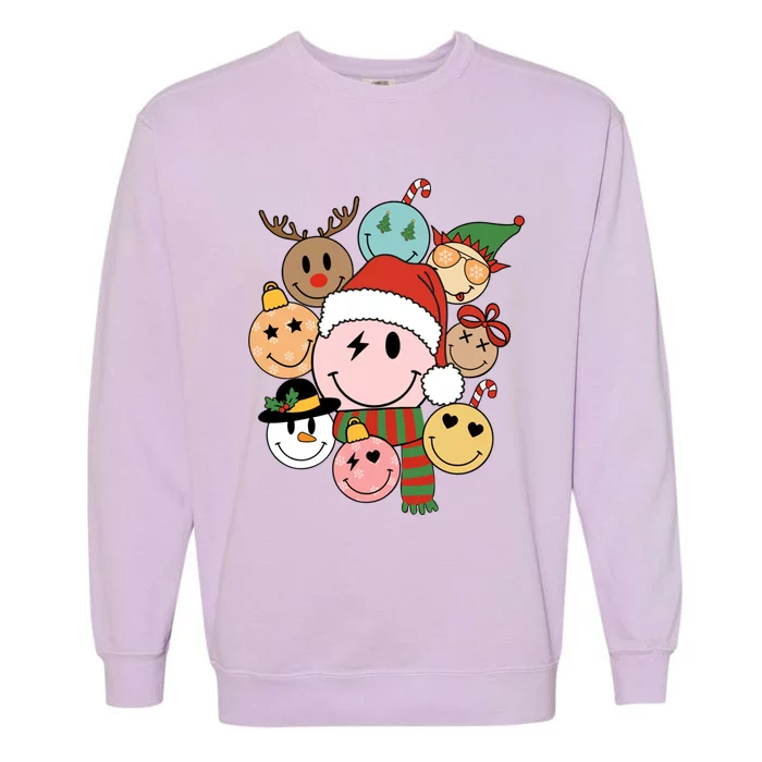 Retro Groovy Santa Smile Face Elf Snow Christmas Trendy Gift Garment-Dyed Sweatshirt