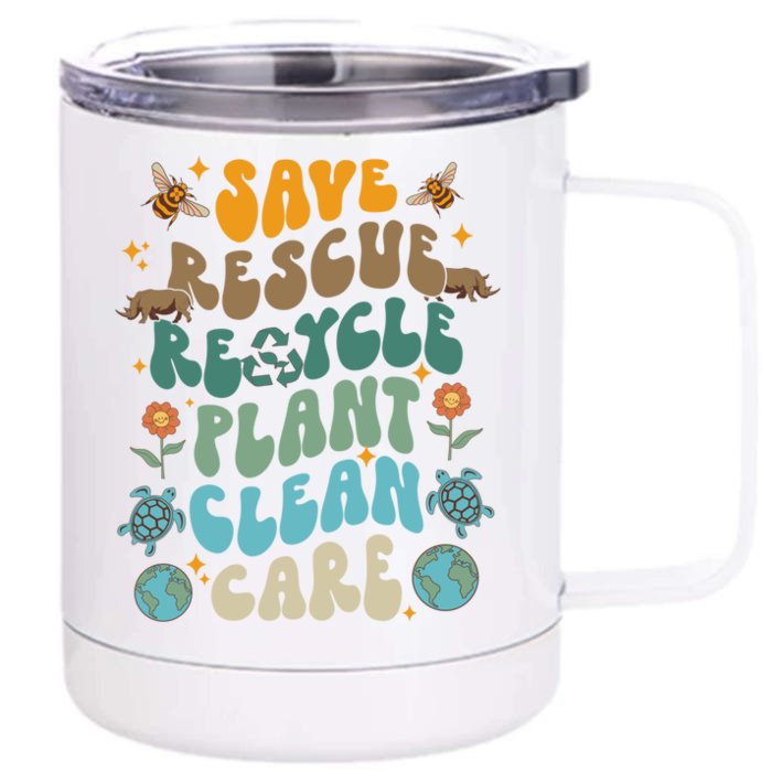 Retro Groovy Save Bees Rescue Animals Recycle Fun Earth Day Great Gift Front & Back 12oz Stainless Steel Tumbler Cup