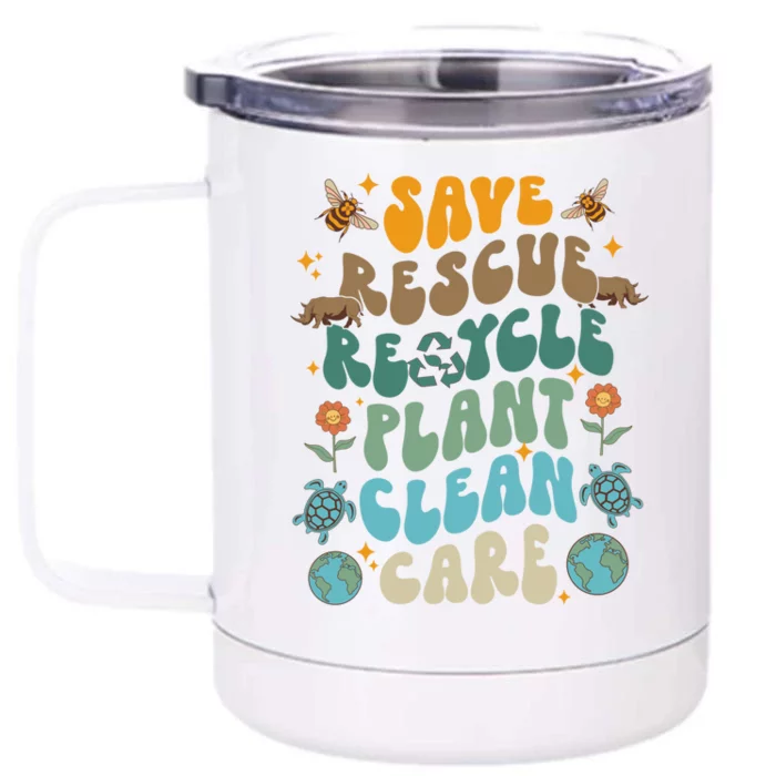 Retro Groovy Save Bees Rescue Animals Recycle Fun Earth Day Great Gift Front & Back 12oz Stainless Steel Tumbler Cup