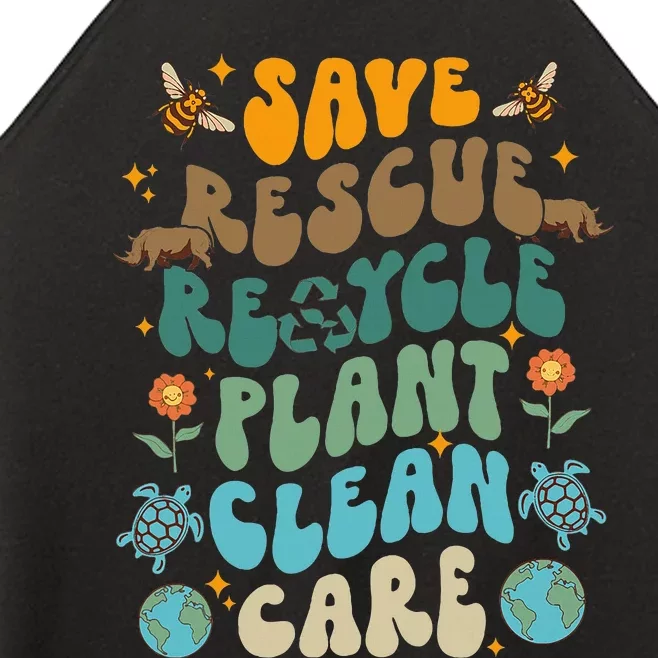 Retro Groovy Save Bees Rescue Animals Recycle Fun Earth Day Women’s Perfect Tri Rocker Tank