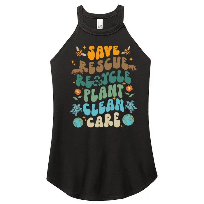 Retro Groovy Save Bees Rescue Animals Recycle Fun Earth Day Women’s Perfect Tri Rocker Tank