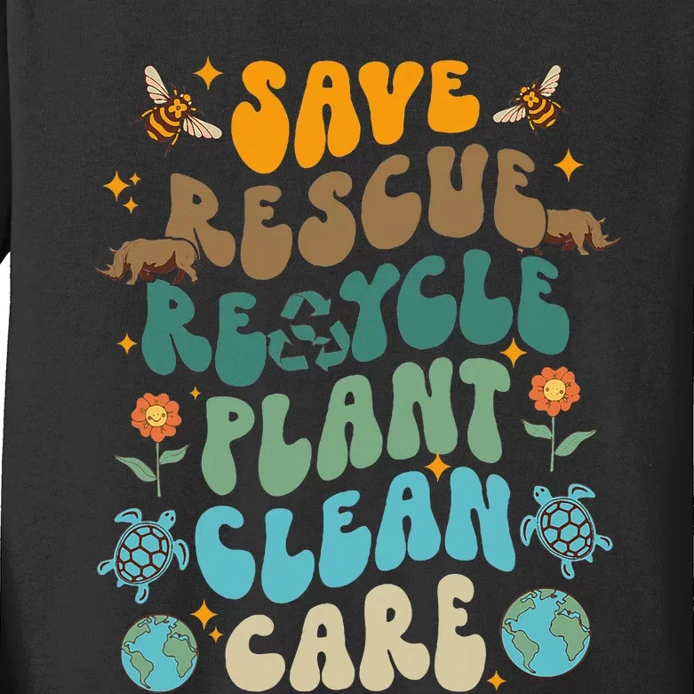 Retro Groovy Save Bees Rescue Animals Recycle Fun Earth Day Kids Long Sleeve Shirt