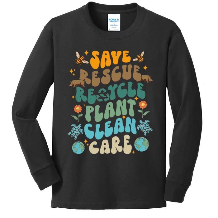 Retro Groovy Save Bees Rescue Animals Recycle Fun Earth Day Kids Long Sleeve Shirt