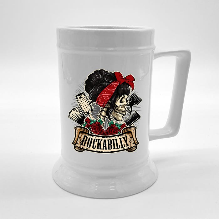 Rockabilly Girl Skull Pinup Hairstylist Hairdresser Front & Back Beer Stein