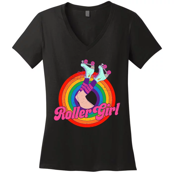 Roller Girl Skater Skating Retro Vintage 70s 80s Skates Women's V-Neck T-Shirt