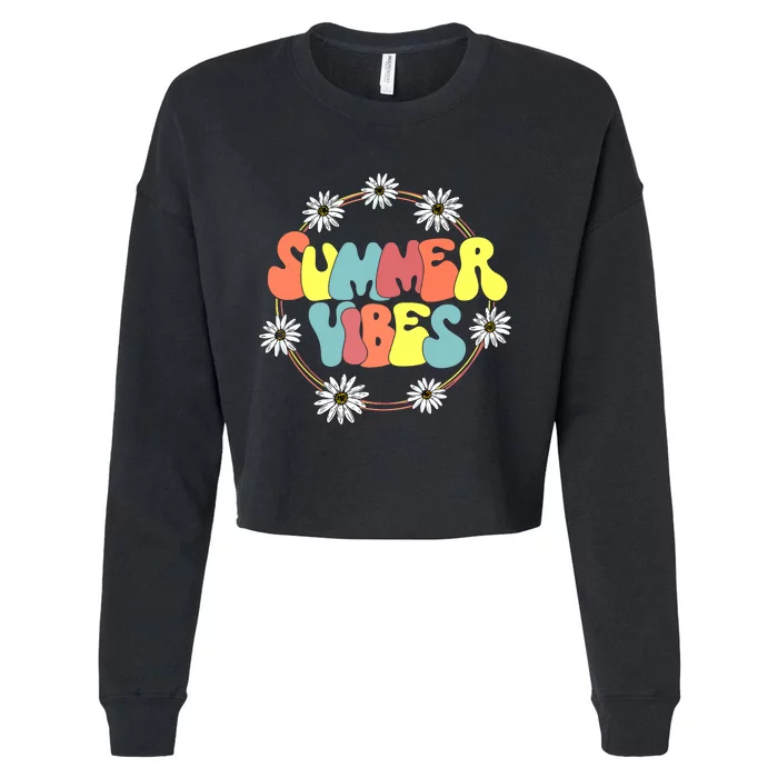 Retro Groovy Summer Vibes Sunflower Hello Summer Vacation Cropped Pullover Crew