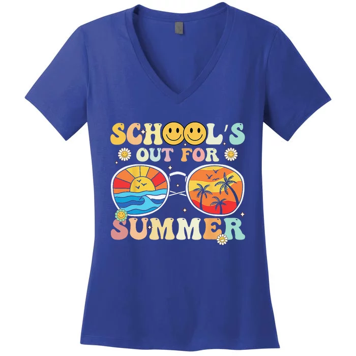 Retro Groovy School's Out For Summer Graduation Teacher Women's V-Neck T-Shirt