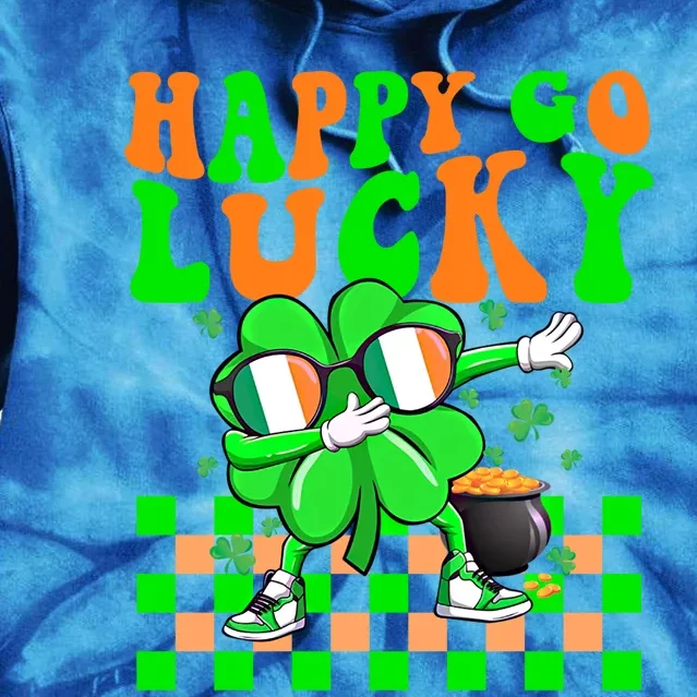 Retro Groovy Shamrock Dabbing Happy Go Lucky St Patricks Day Gift Tie Dye Hoodie