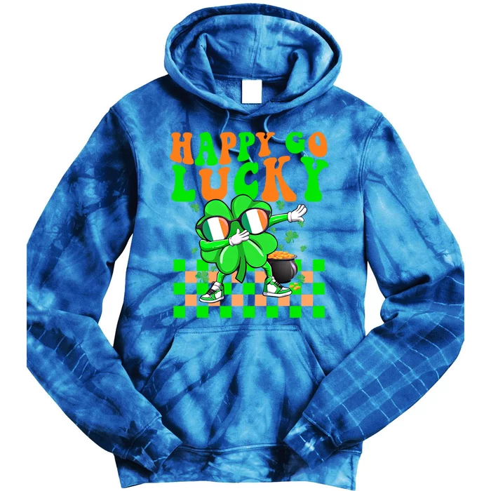 Retro Groovy Shamrock Dabbing Happy Go Lucky St Patricks Day Gift Tie Dye Hoodie