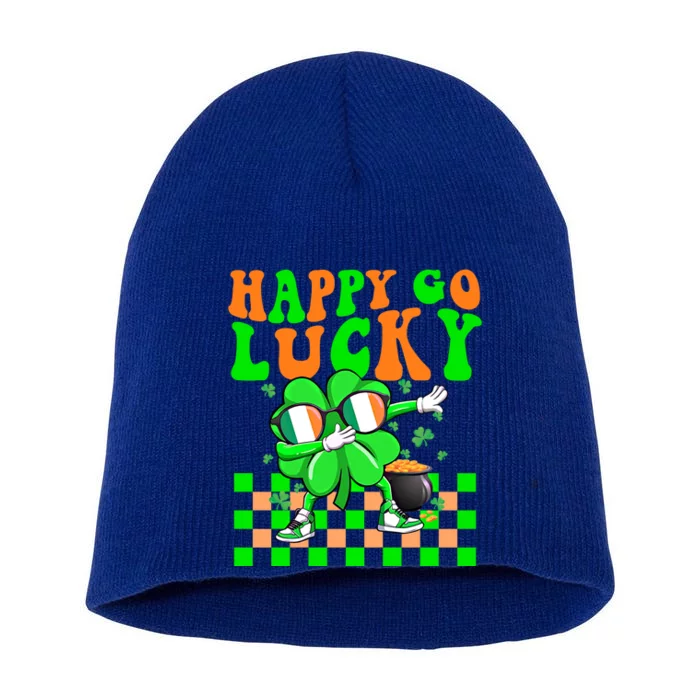 Retro Groovy Shamrock Dabbing Happy Go Lucky St Patricks Day Gift Short Acrylic Beanie