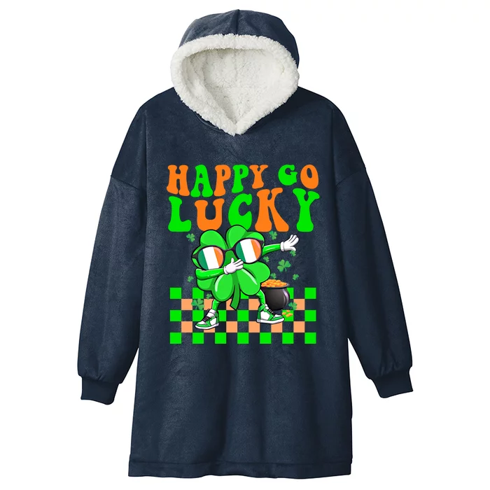 Retro Groovy Shamrock Dabbing Happy Go Lucky St Patricks Day Gift Hooded Wearable Blanket