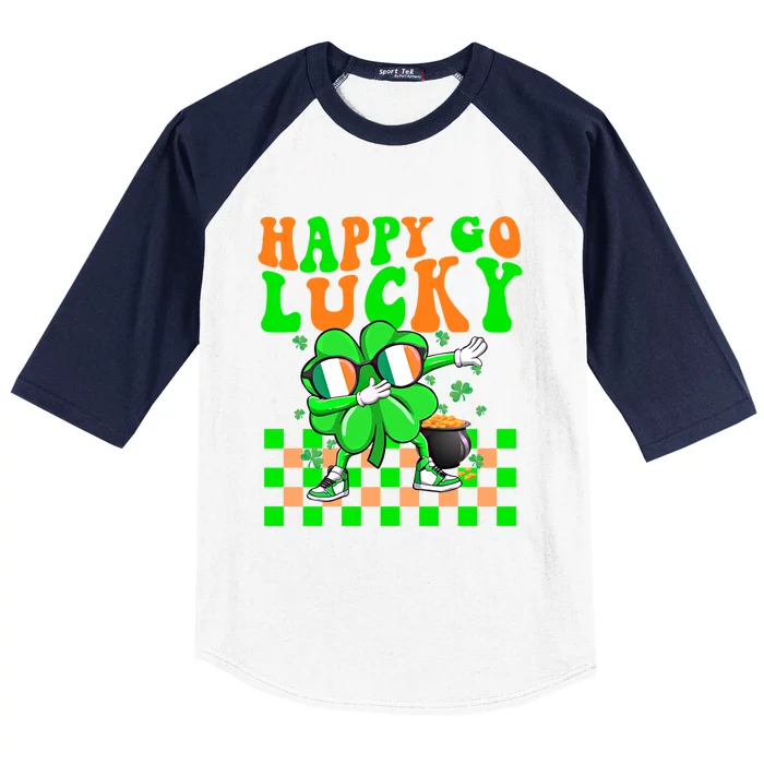 Retro Groovy Shamrock Dabbing Happy Go Lucky St Patricks Day Gift Baseball Sleeve Shirt