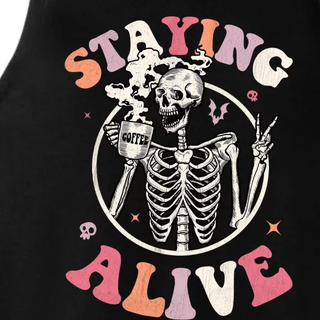 Retro Groovy Skeleton Staying Alive Coffee Halloween Hippie Gift Ladies Tri-Blend Wicking Tank