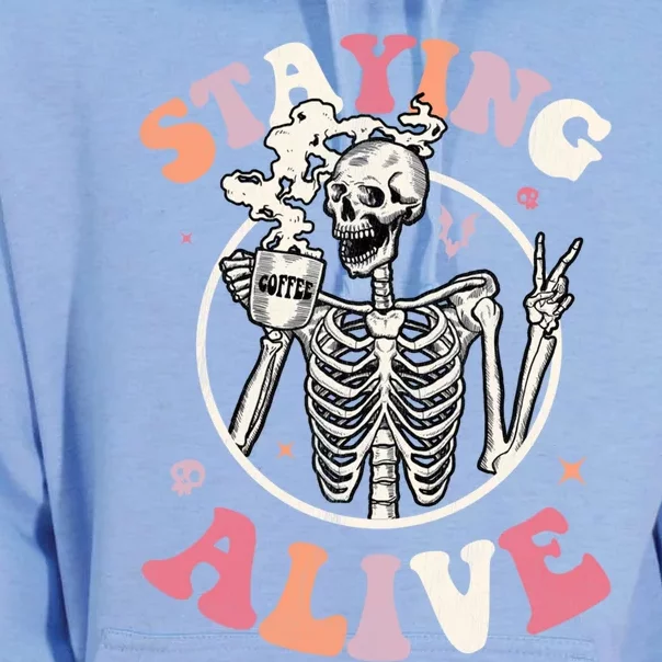 Retro Groovy Skeleton Staying Alive Coffee Halloween Hippie Gift Unisex Surf Hoodie