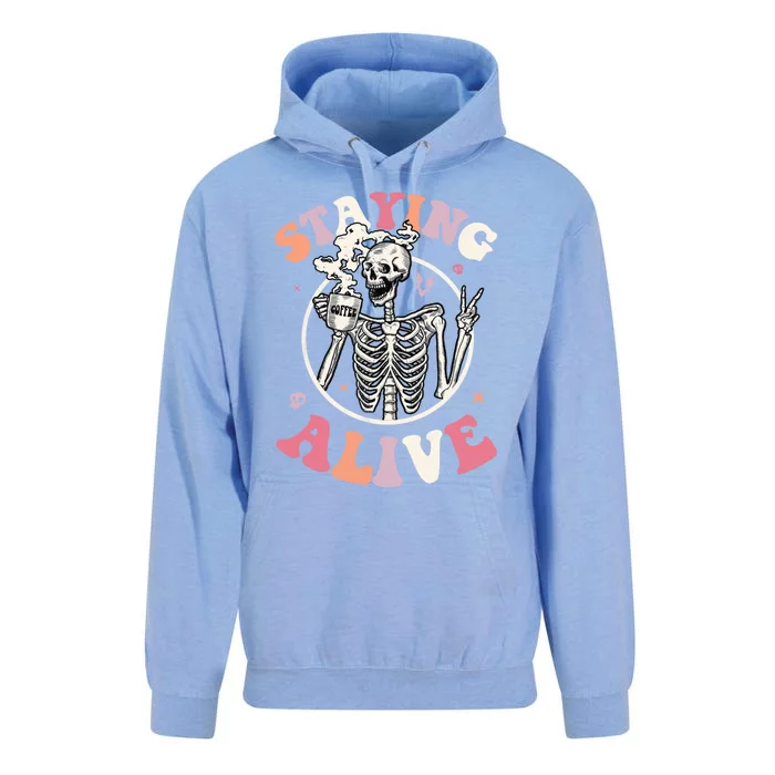 Retro Groovy Skeleton Staying Alive Coffee Halloween Hippie Gift Unisex Surf Hoodie